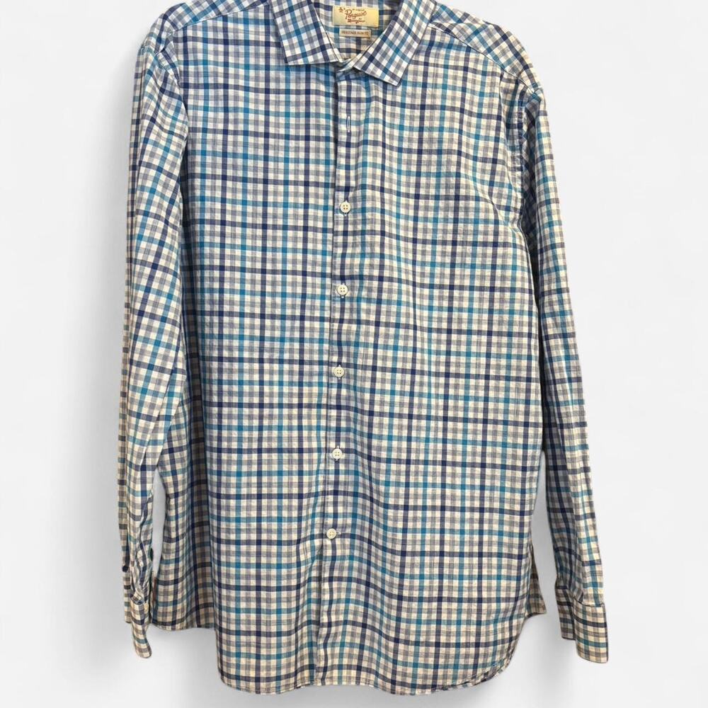 Original Penguin Heritage Slim Fit Plaid Dress Shirt - Blue/White Size 17 34/35